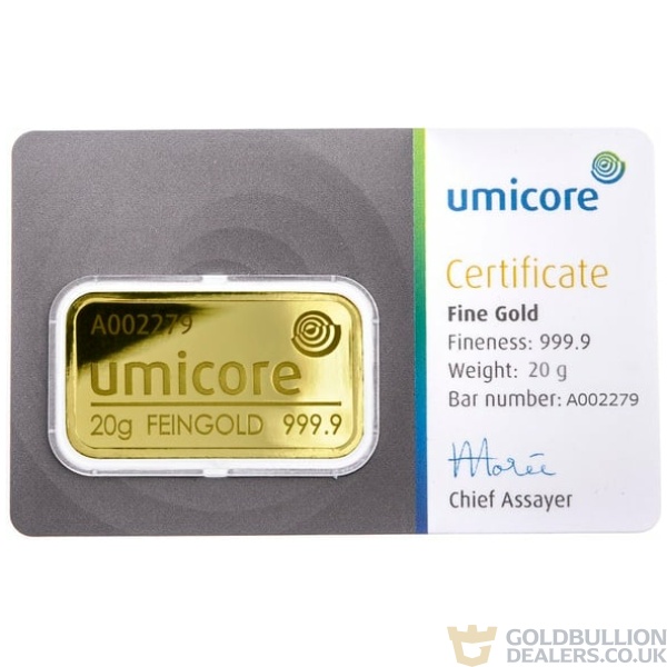Umicore 20 Gram Gold Bar