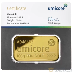 Umicore 100 Gram Gold Bar