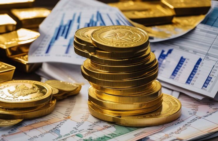 gold bullion stacks on a scale with financial charts in the background