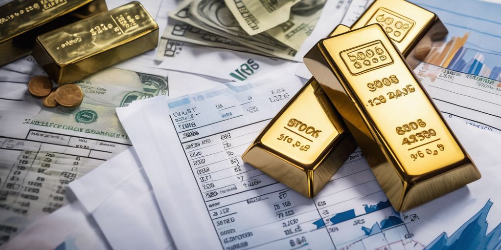 Umicore gold bars on a scale with financial documents and stock market charts in the background