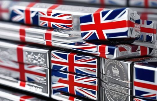 Stacked silver bars with British flag background