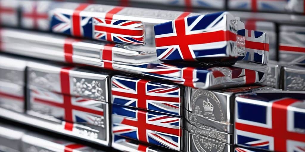 Stacked silver bars with British flag background