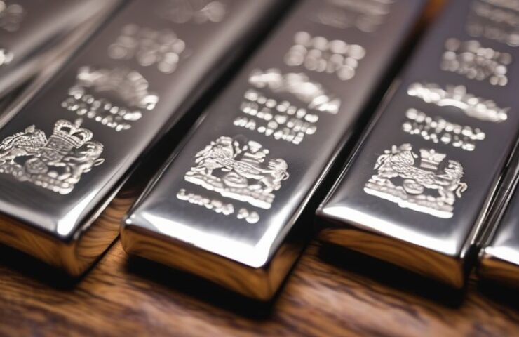 Stacked silver bars with British flag background