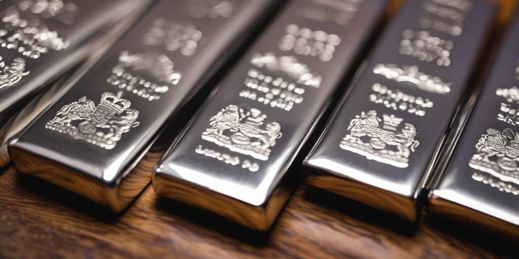 Stacked silver bars with British flag background