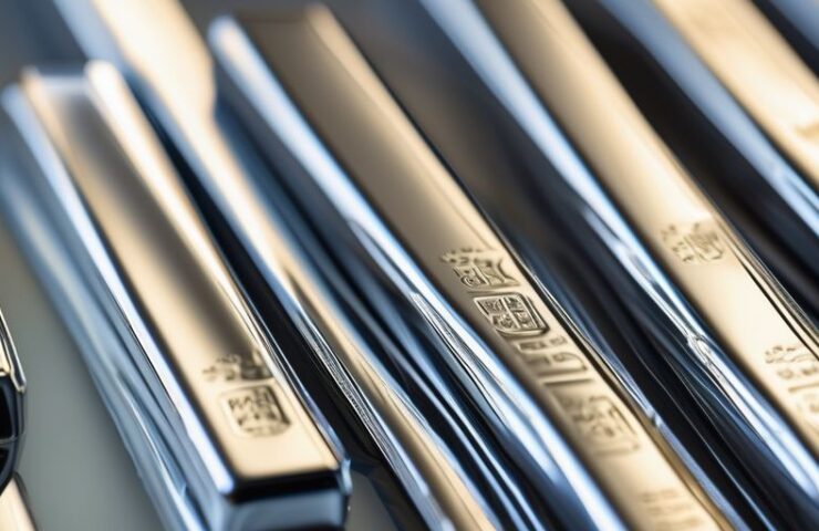 Shiny silver bars stacked neatly on a surface