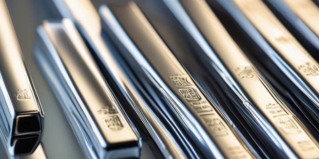 Shiny silver bars stacked neatly on a surface