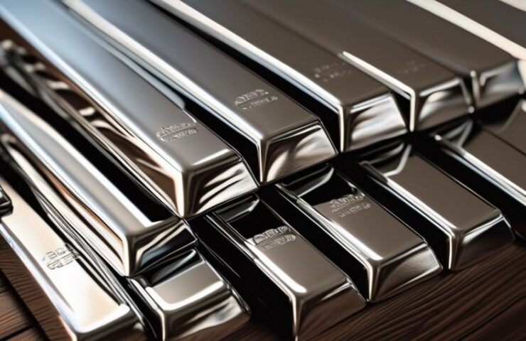 Stack of shiny silver bars on wooden table.