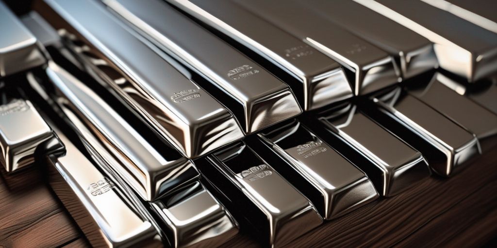 Stack of shiny silver bars on wooden table.