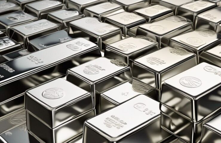 Silver bars and coins stacked neatly