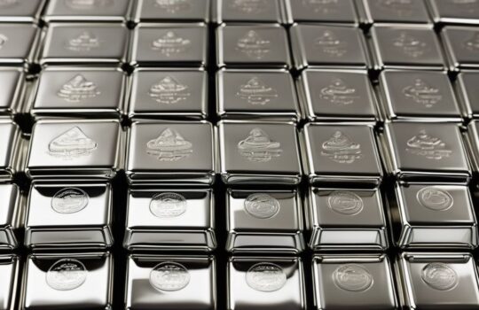 Stacked silver bullion bars reflecting light