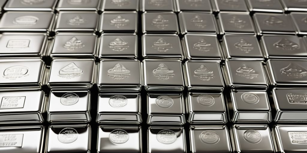 Stacked silver bullion bars reflecting light