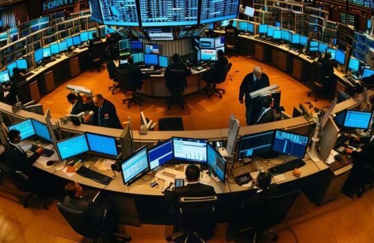 a dramatic urban trading floor brimming with traders intensely monitoring flickering screens, displaying soaring oil and gold prices against a backdrop of tense discussions, reflecting the impact of geopolitical tensions.