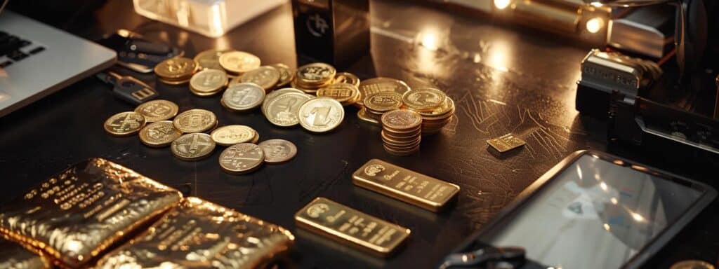 a polished office desk showcases an array of gleaming gold and silver bullion coins and bars, set against a backdrop of an elegantly arranged investment portfolio, highlighting the tangible allure and value of precious metals in wealth diversification.