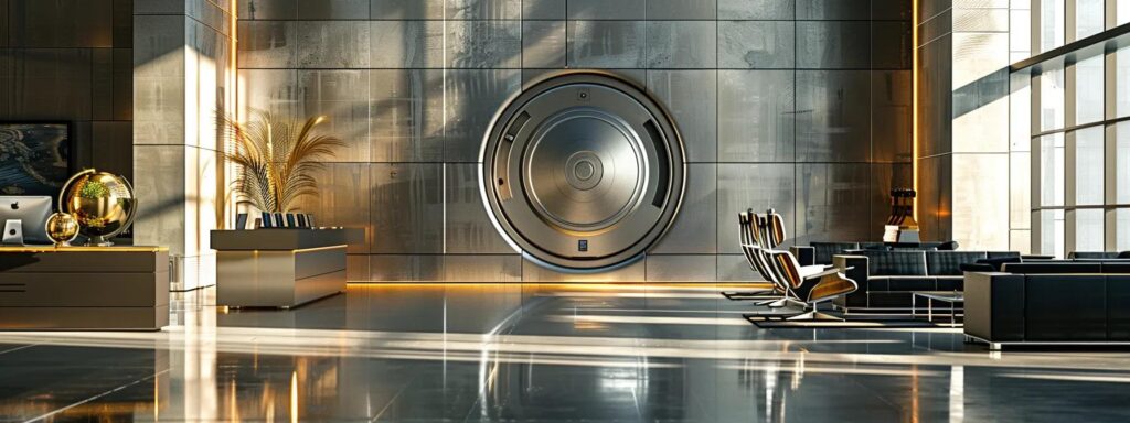 a sleek, modern office space showcases a secured vault door prominently, symbolising the importance of safeguarding gold and silver investments with sophisticated security measures.