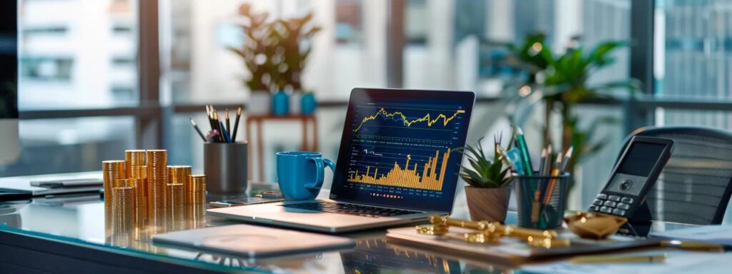 a sleek, modern office desk is adorned with gleaming bullion bars, alongside a laptop displaying fluctuating market graphs, emphasising the financial risks and rewards of bullion investment in a dynamic urban setting.