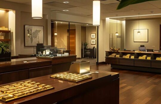 a sophisticated office space features a gleaming display of gold and silver bullion bars on a polished mahogany desk, conveying a sense of strategic investment and financial opportunity under the warm glow of modern pendant lighting.