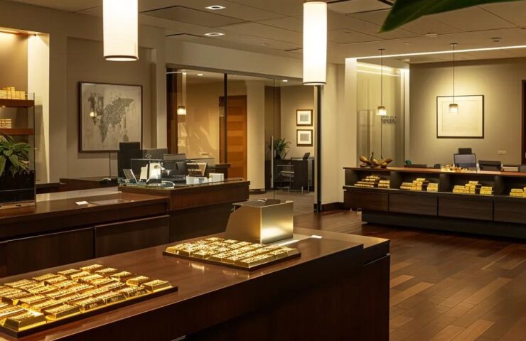 a sophisticated office space features a gleaming display of gold and silver bullion bars on a polished mahogany desk, conveying a sense of strategic investment and financial opportunity under the warm glow of modern pendant lighting.
