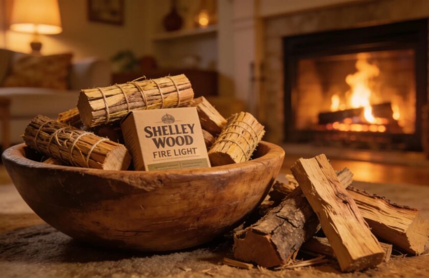 Natural wood firelighters showcased in a warm, inviting living room fireplace setting